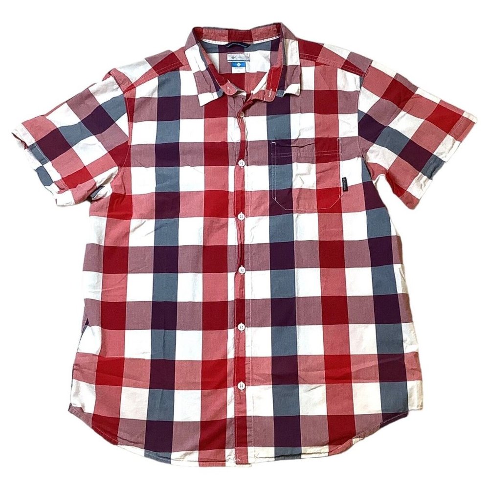 Columbia Red White Navy Plaid Short Sleeve Button-Up Shirt